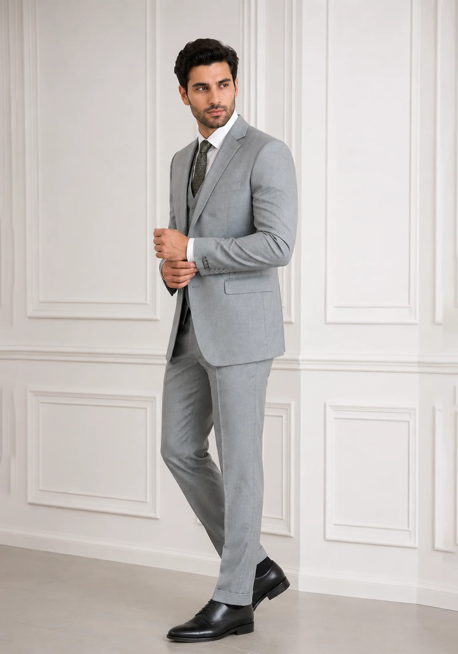 A gentleman wearing the "Silver Sovereign" premium three-piece suit in #a4a19a color, showcasing sharp tailoring and refined hand-made Zari work surface ornamentation as seen in 55.webp, 66.webp, 77.webp, and 99_2.webp.