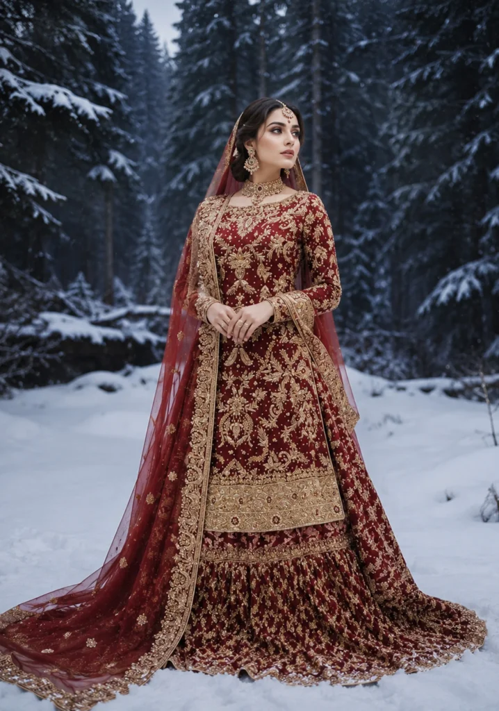 Gul-e-Anar” Regal Maroon Farshi Lehnga with Handcrafted Gold Zari Work – Bridal Ensemble
