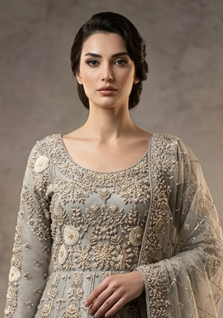 Arohi” Silver Grey Hand-Crafted Zari Farshi Lehnga Set