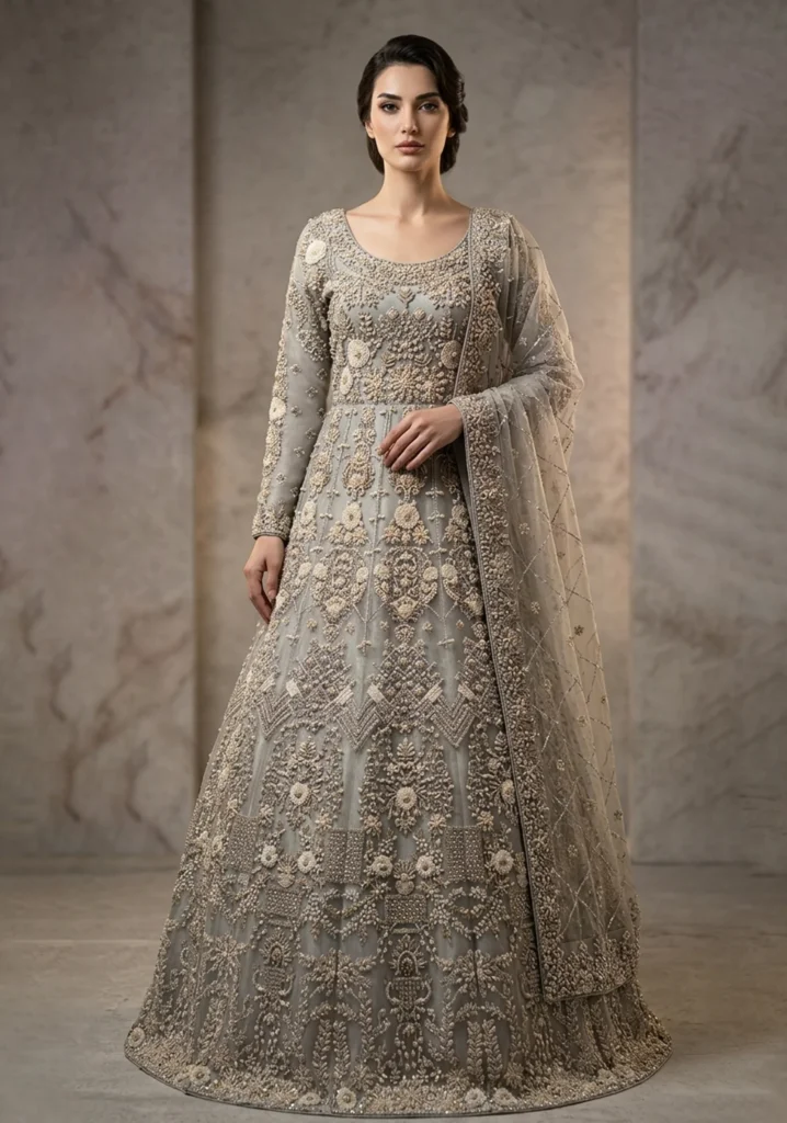 Arohi” Silver Grey Hand-Crafted Zari Farshi Lehnga Set