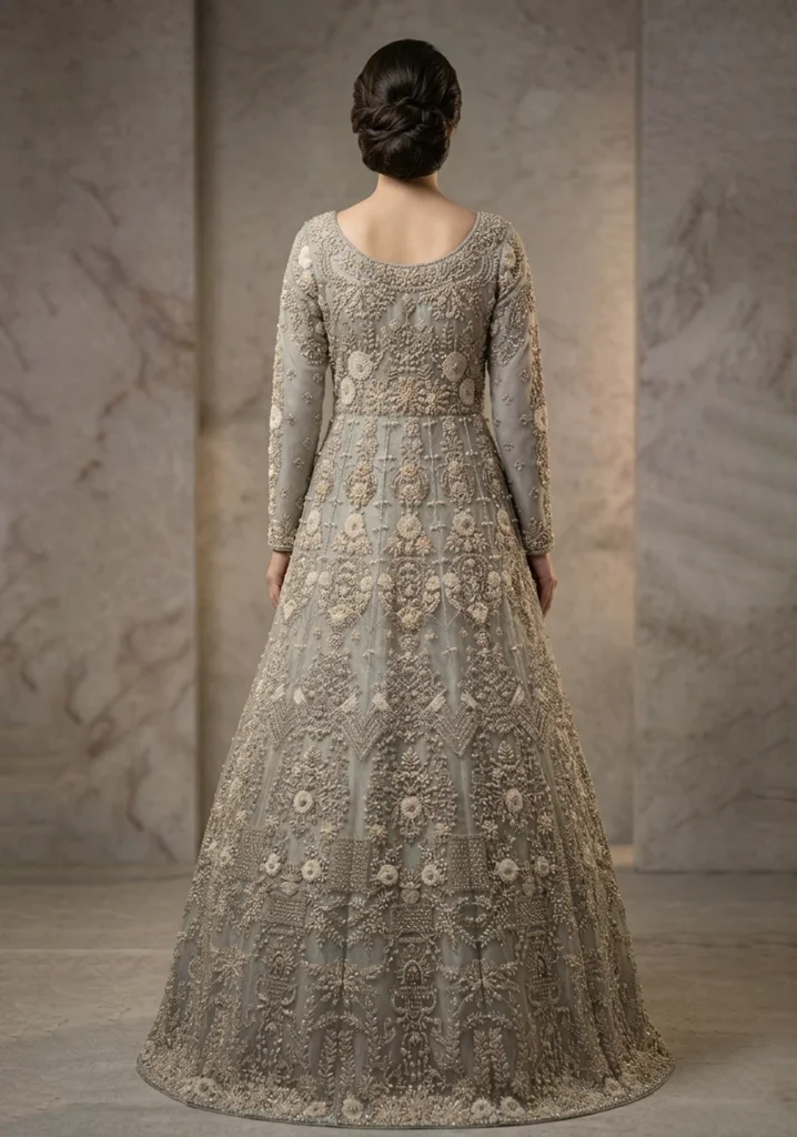 Arohi” Silver Grey Hand-Crafted Zari Farshi Lehnga Set