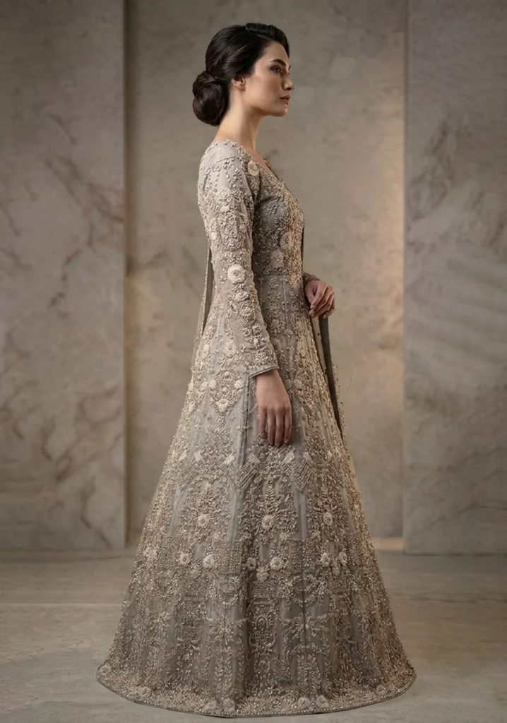 Arohi” Silver Grey Hand-Crafted Zari Farshi Lehnga Set