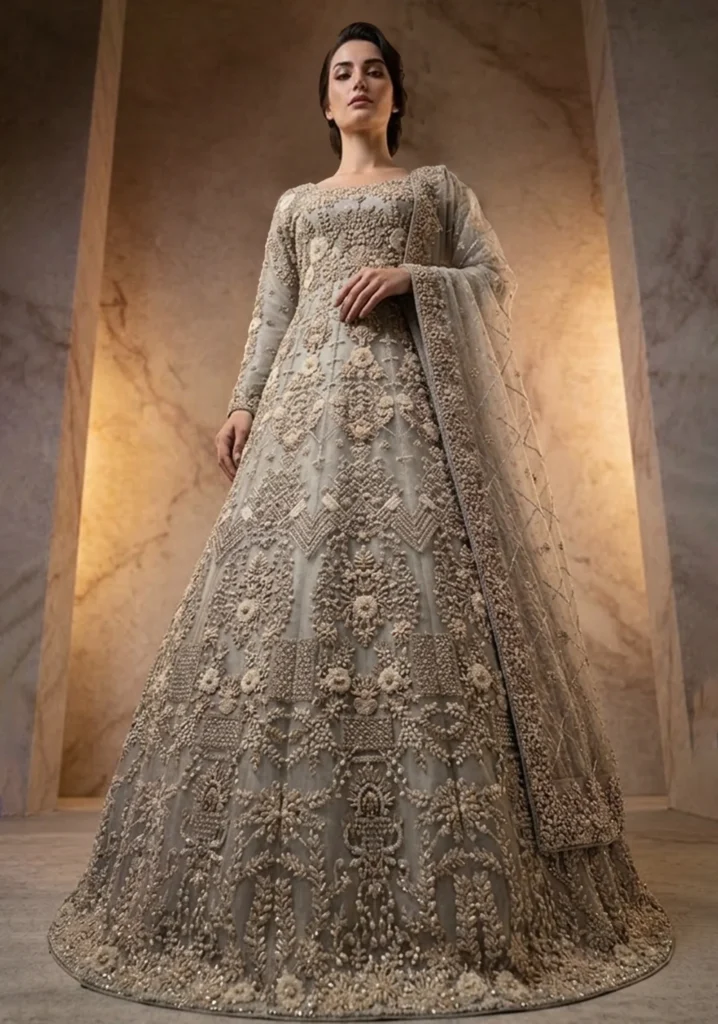 Arohi” Silver Grey Hand-Crafted Zari Farshi Lehnga Set