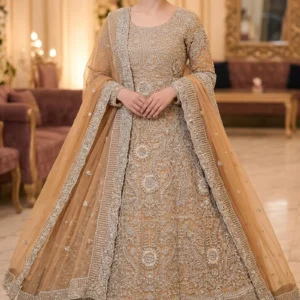 Model wearing a Golden Radiance Heritage Farshi Lehnga set with intricate hand-made Zari craftsmanship