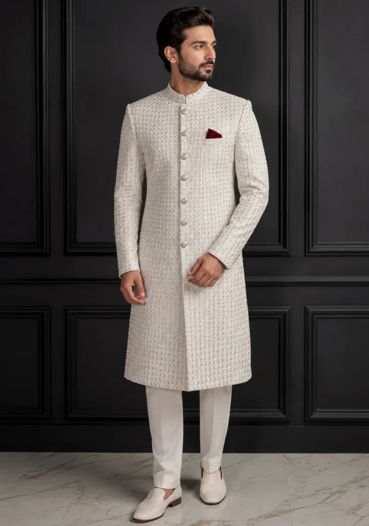 Almas-e-Hisaar – Ivory Geometric Sherwani for Groom Couture