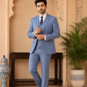 Model wearing the "Azure Sovereign" Cornflower Blue three-piece suit, showcasing premium tailoring and formal style.