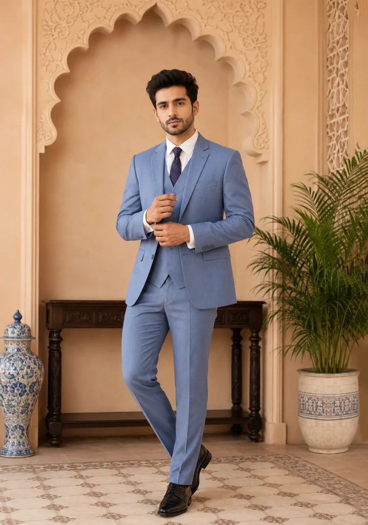 Azure Sovereign” Cornflower Blue Tailored Three-Piece Formal Suit