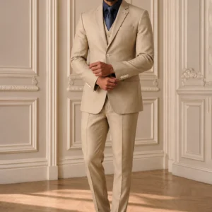 Model wearing the "Desert Sands" Beige three-piece suit, showcasing premium tailoring and formal style in Untitled-10.webp, Untitled-11.webp, Untitled-12.webp, and Untitled-13.webp