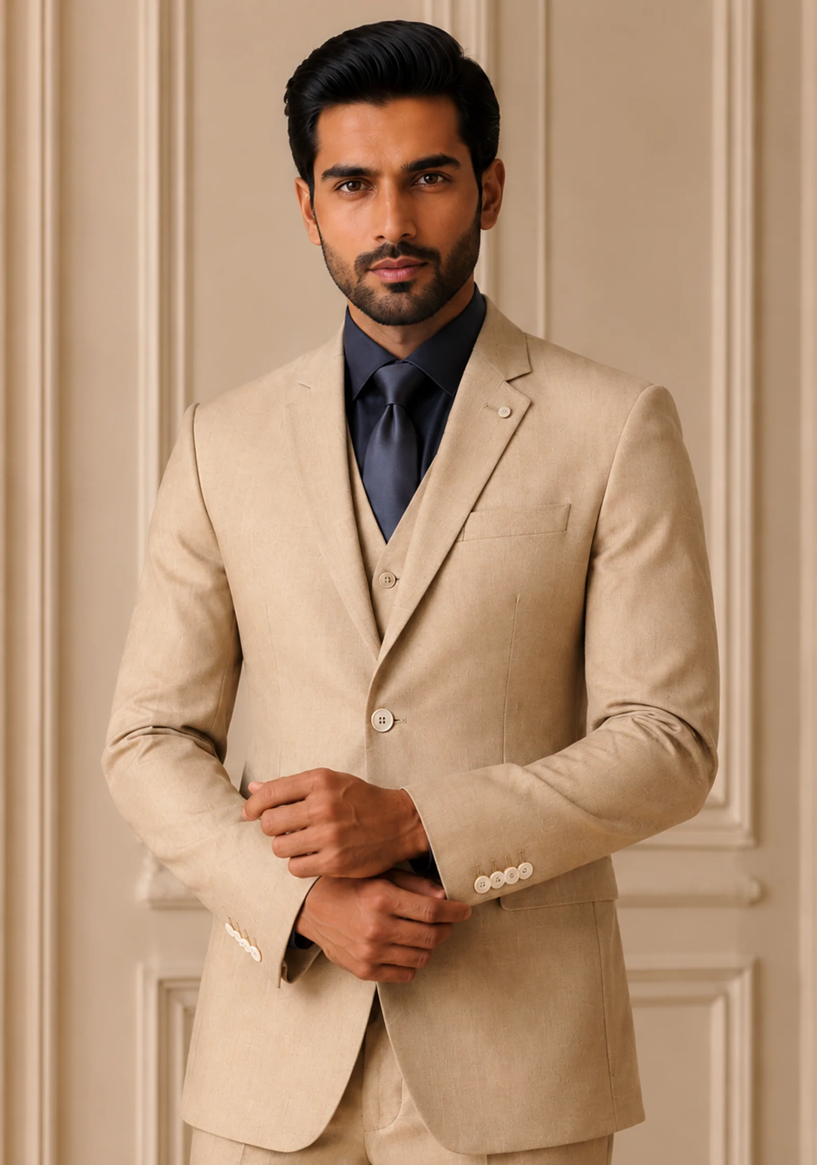 Model wearing the "Desert Sands" Beige three-piece suit, showcasing premium tailoring and formal style in Untitled-10.webp, Untitled-11.webp, Untitled-12.webp, and Untitled-13.webp