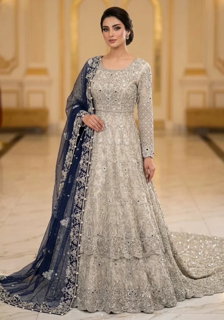 Ethereal Silver Moonlight Heritage Farshi Lehnga Set with Intricate Hand-made Zari Craftsmanship