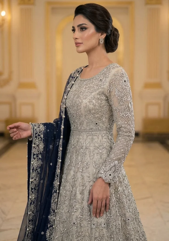 Ethereal Silver Moonlight Heritage Farshi Lehnga Set with Intricate Hand-made Zari Craftsmanship