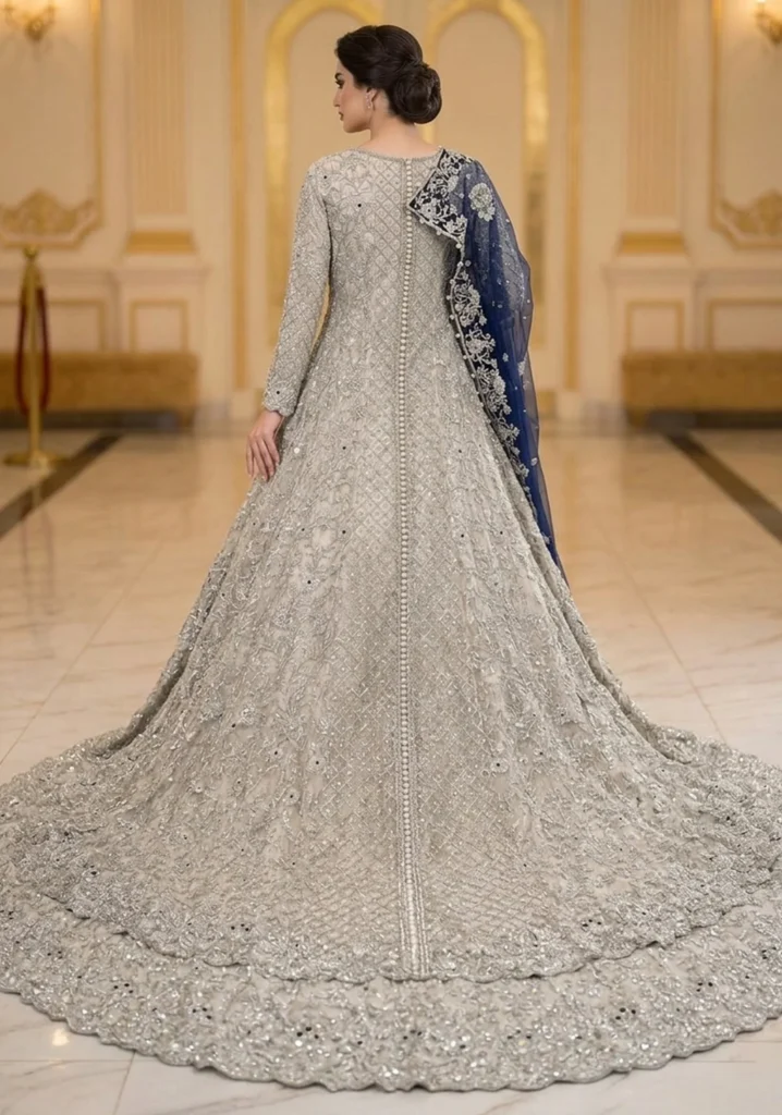 Ethereal Silver Moonlight Heritage Farshi Lehnga Set with Intricate Hand-made Zari Craftsmanship
