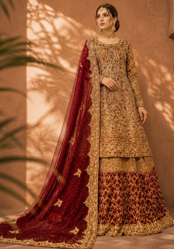 Crimson Aura Hand-Crafted Zari Farshi Lehnga – Luxury Traditional Bridal Attire