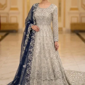 Silver grey pakistani bridal lehenga with navy blue dupatta