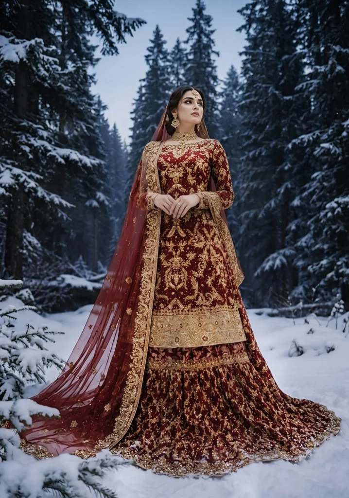 Gul-e-Anar” Regal Maroon Farshi Lehnga with Handcrafted Gold Zari Work – Bridal Ensemble