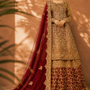 A bride adorned in a premium Crimson Aura Hand-Crafted Zari Farshi Lehnga featuring intricate gold hand-work.