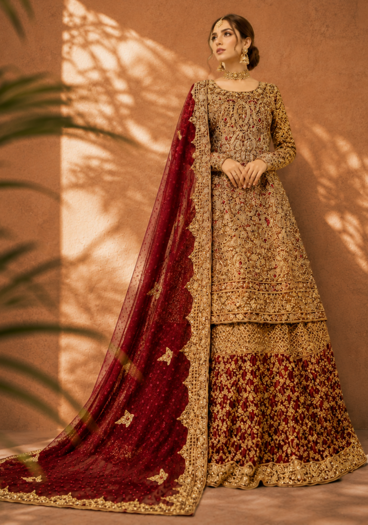 Crimson Aura Hand-Crafted Zari Farshi Lehnga – Luxury Traditional Bridal Attire
