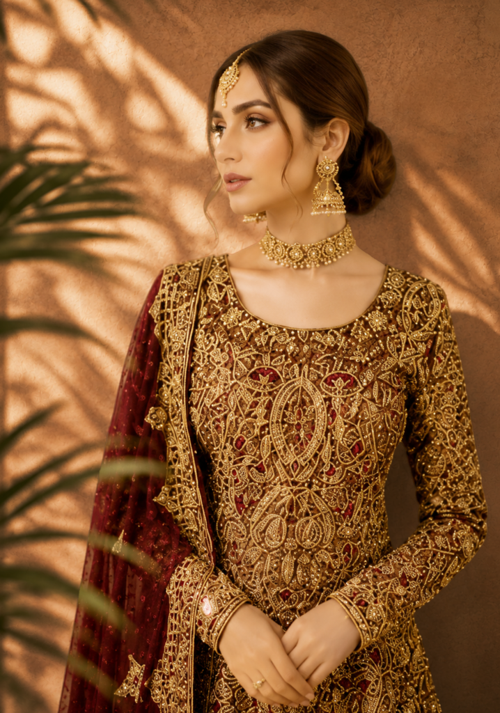 Crimson Aura Hand-Crafted Zari Farshi Lehnga – Luxury Traditional Bridal Attire