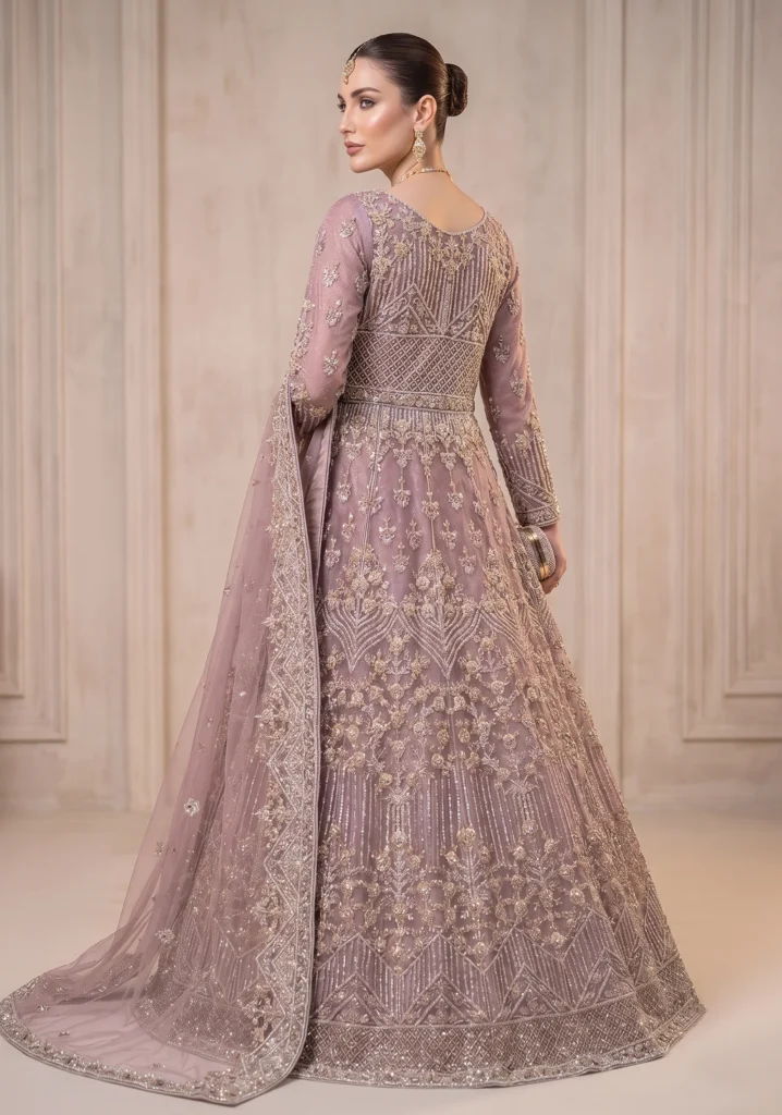 Aura-Lattice Mauve – Dusty Lilac Luxury Pishwas Maxi for Bridal Couture