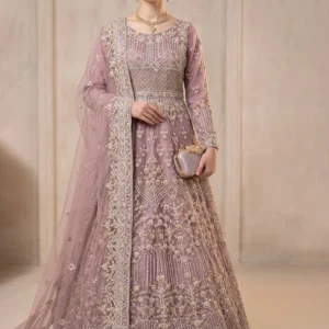 Floor-length dusty mauve luxury pishwas maxi featuring elaborate hand-made zari work, a high modest neckline, full sleeves, and a matching sheer dupatta.