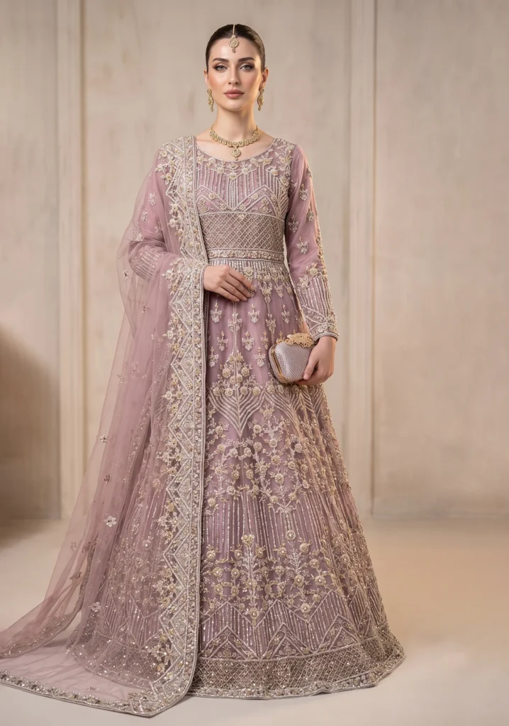 Aura-Lattice Mauve – Dusty Lilac Luxury Pishwas Maxi for Bridal Couture