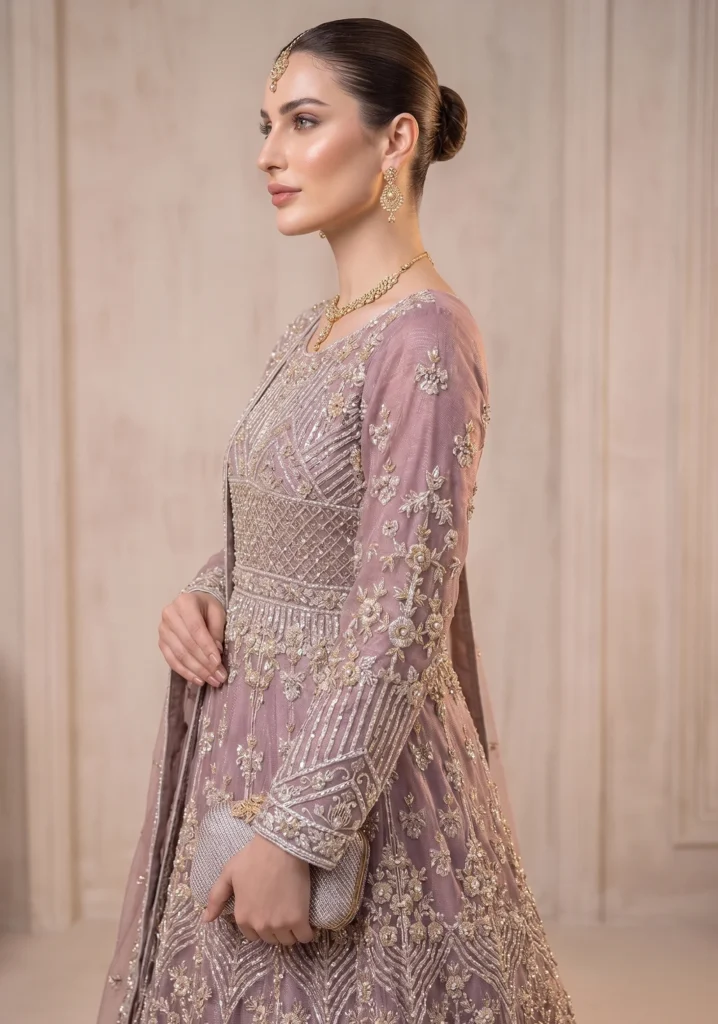 Aura-Lattice Mauve – Dusty Lilac Luxury Pishwas Maxi for Bridal Couture