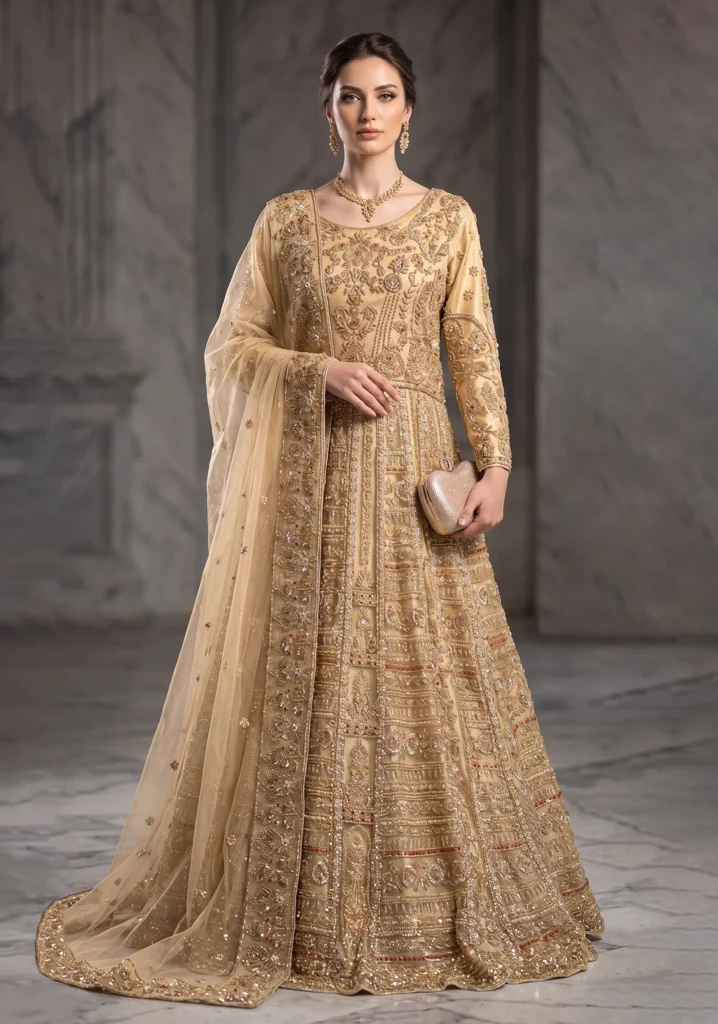 Luxury Pakistani Style Bridal Couture: Gold Masoori & Hand-Made Zari