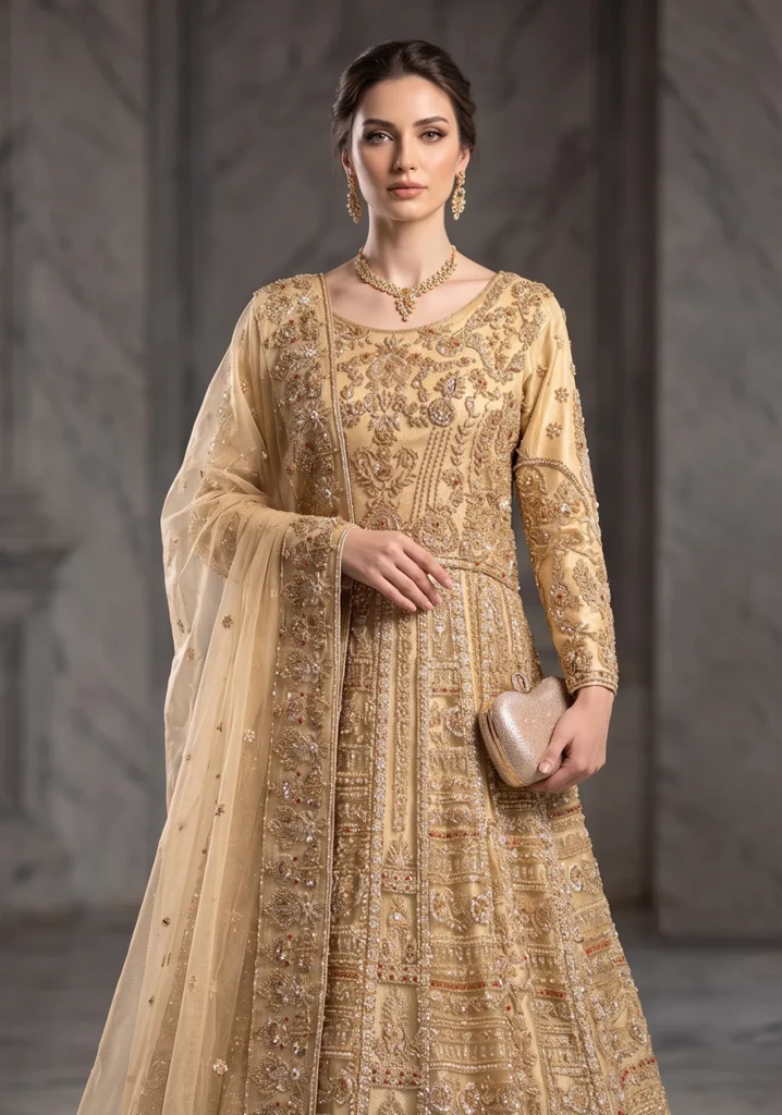 Luxury Pakistani Style Bridal Couture: Gold Masoori & Hand-Made Zari