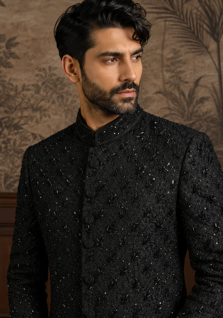 Groom wearing the Onyx-Ethereal Midnight Onyx Sherwani featuring bespoke structural tailoring.
