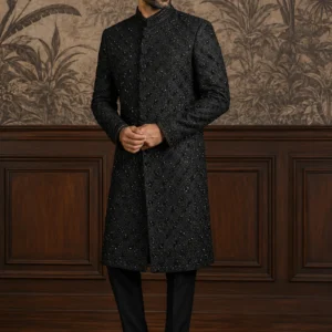 Groom wearing the Onyx-Ethereal Midnight Onyx Sherwani featuring bespoke structural tailoring.