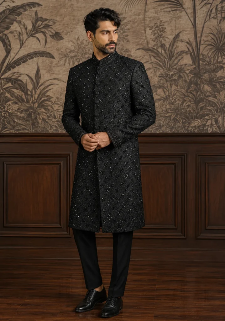 Onyx-Ethereal – Midnight Onyx Velvet Sherwani for Groom Couture
