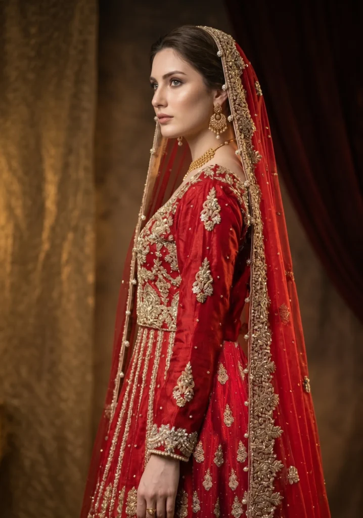 Surkh-e-Gulzar – Crimson Raw Silk Farshi Lehnga for Bridal Couture