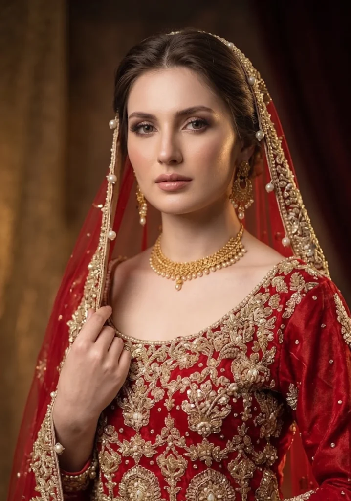 Surkh-e-Gulzar – Crimson Raw Silk Farshi Lehnga for Bridal Couture