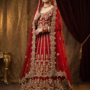 Bride wearing the Surkh-e-Gulzar crimson raw silk farshi lehnga with intricate antique gold hand-made Zari work and full coverage.