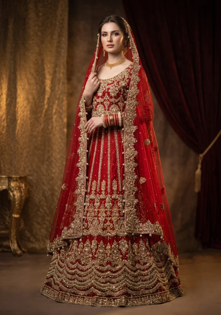 Surkh-e-Gulzar – Crimson Raw Silk Farshi Lehnga for Bridal Couture