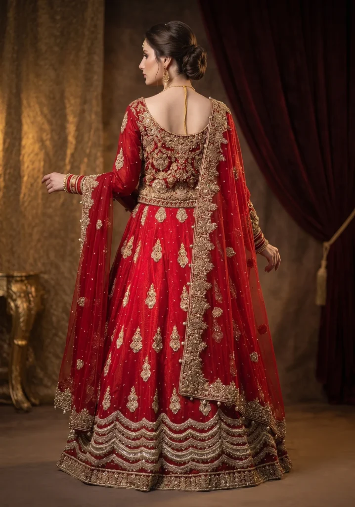 Surkh-e-Gulzar – Crimson Raw Silk Farshi Lehnga for Bridal Couture