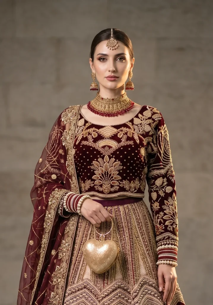 Arsh-e-Laal – Deep Burgundy Velvet Lehnga Choli for Bridal Couture