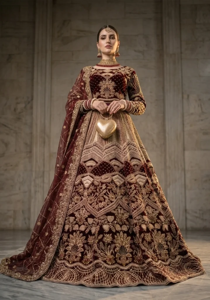 Arsh-e-Laal – Deep Burgundy Velvet Lehnga Choli for Bridal Couture