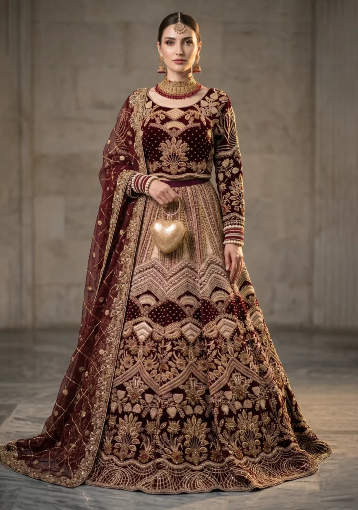 Arsh-e-Laal – Deep Burgundy Velvet Lehnga Choli for Bridal Couture