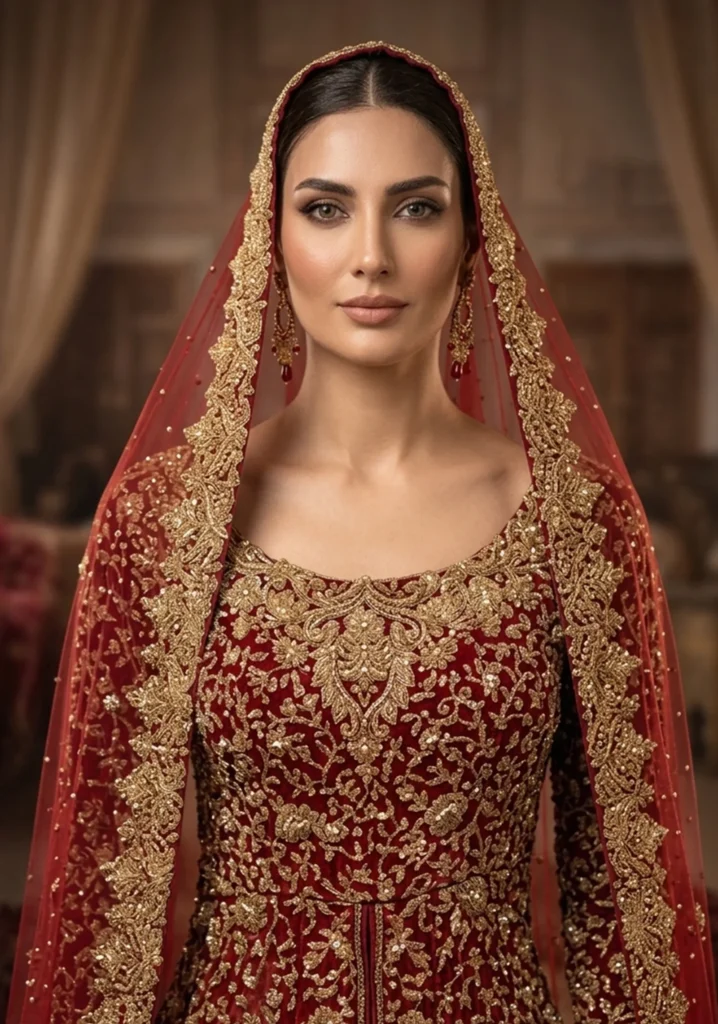 Arsh-e-Laal – Deep Burgundy Tissue Farshi Lehnga for Bridal Couture