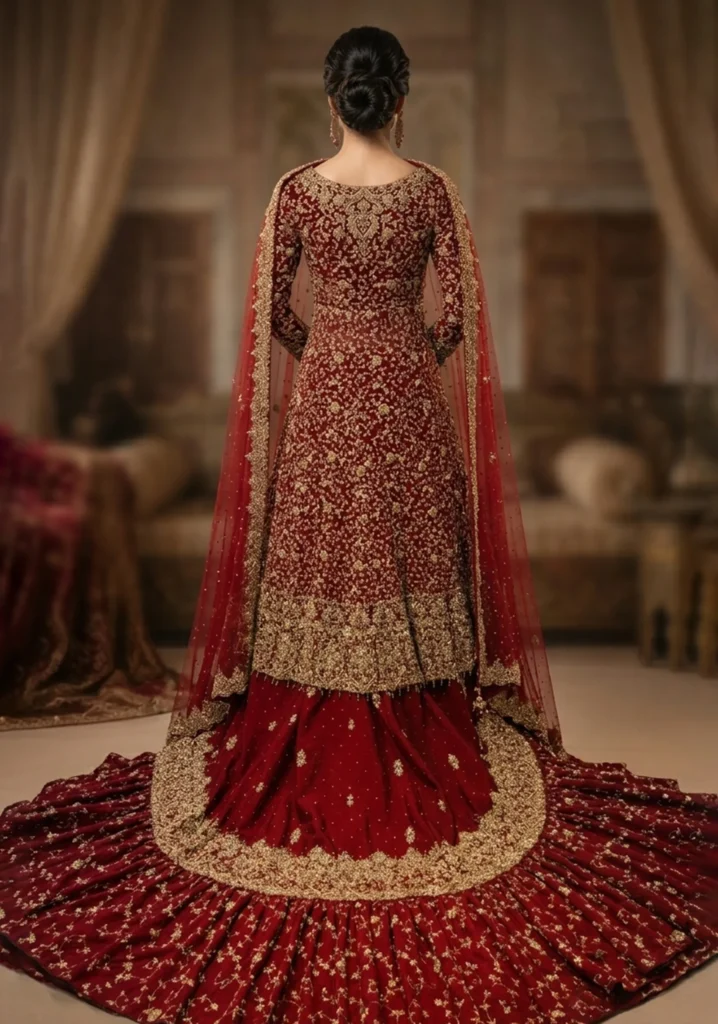 Arsh-e-Laal – Deep Burgundy Tissue Farshi Lehnga for Bridal Couture