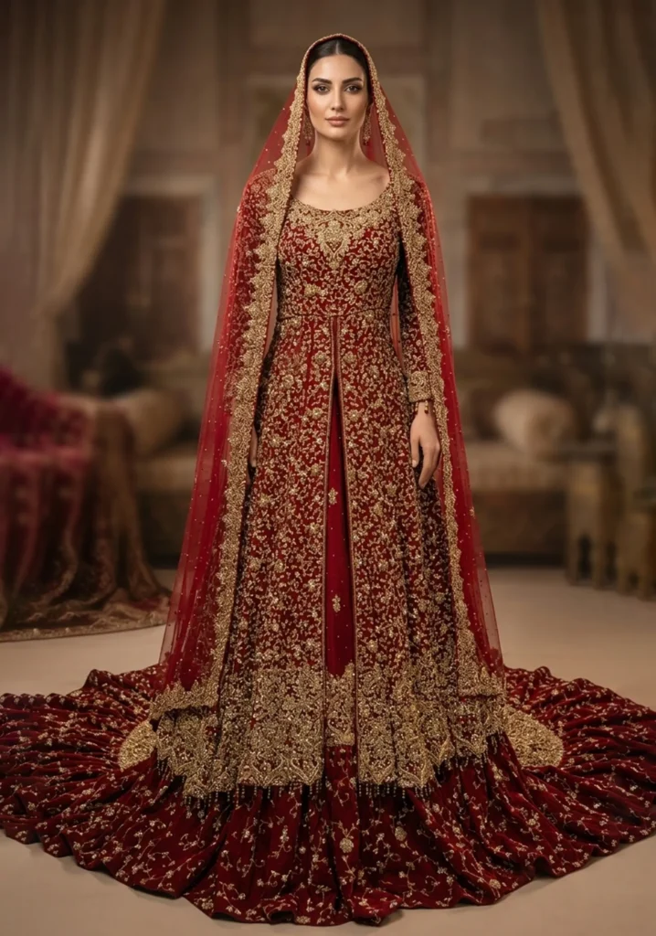 Arsh-e-Laal – Deep Burgundy Tissue Farshi Lehnga for Bridal Couture
