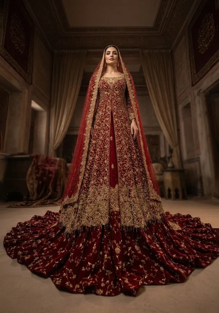 Arsh-e-Laal – Deep Burgundy Tissue Farshi Lehnga for Bridal Couture