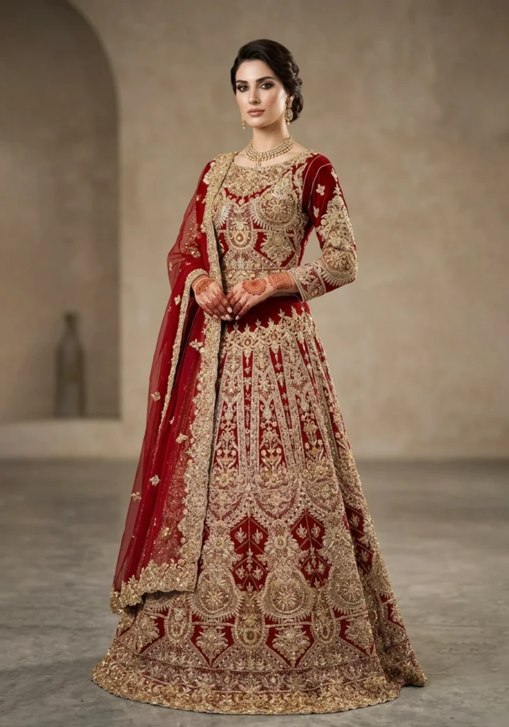 Crimson Aethelgard – Deep Maroon Bridal Lehnga with Regal Surface Ornamentation