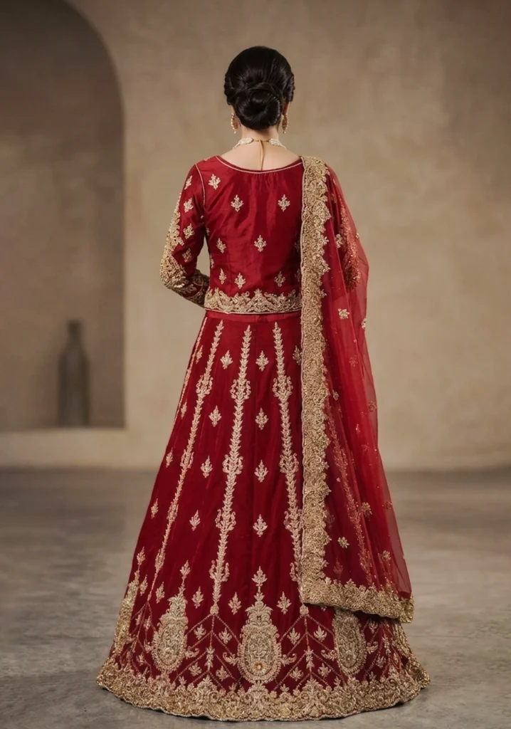 Crimson Aethelgard – Deep Maroon Bridal Lehnga with Regal Surface Ornamentation