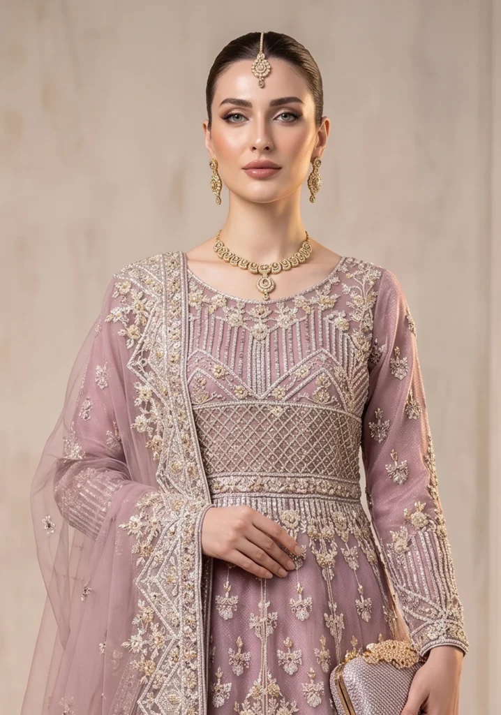 Aura-Lattice Mauve – Dusty Lilac Luxury Pishwas Maxi for Bridal Couture