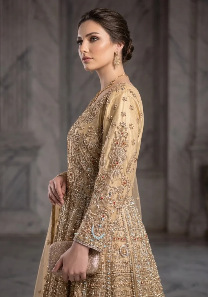 Luxury Pakistani Style Bridal Couture: Gold Masoori & Hand-Made Zari