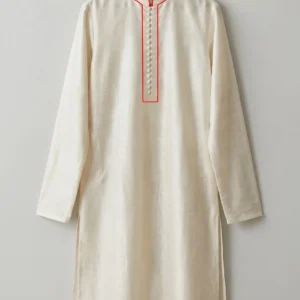 Men's off-white raw silk kurta with red border piping and fabric buttons on a wooden hanger.