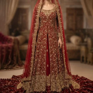 Deep Burgundy Floor-Length Open Gown with Farshi Lehnga by AL Hassan Lehnga House