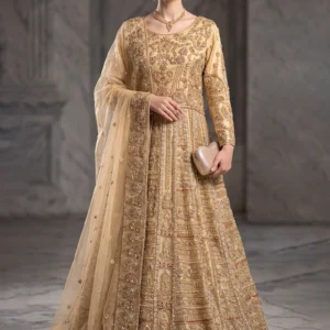 Full length gold masoori maxi with zari handwork by AL Hassan Lehnga House